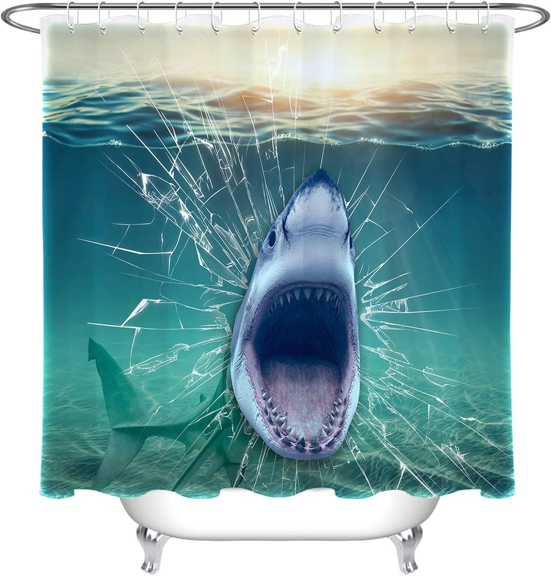 LB Shark Shower Curtain,3D Printing Shark Open Big Mouth Horrible Scene Ocean Shower Curtain for Kids Waterproof Fabric 72x72 Inches with Hooks