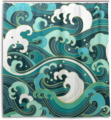 Amazon Samau シャワーカーテン おしゃれ 防カビ フック 防水 和風 和柄 波 海 バスカーテン 浴室カーテン 目隠し ユニットバス 洗面所 取付簡単 リング付属 165ｘ180 シャワーカーテン ホーム キッチン オンライン通販