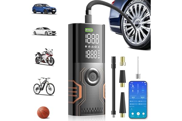 Tire Inflator Portable Air Compressor - Smart APP Air Pump for Car Tires, All-in-One Storage Portable Tire Pump for Car, 3X Speed & Automatic Stop Inflation, for Car, Motorcycle, Bicycle, Ball
