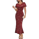 DRESSTELLS Womens Cocktail Sequin Wedding Guest Dresses, Formal Glitter Sparkly Evening Party Long Prom Vintage Dress