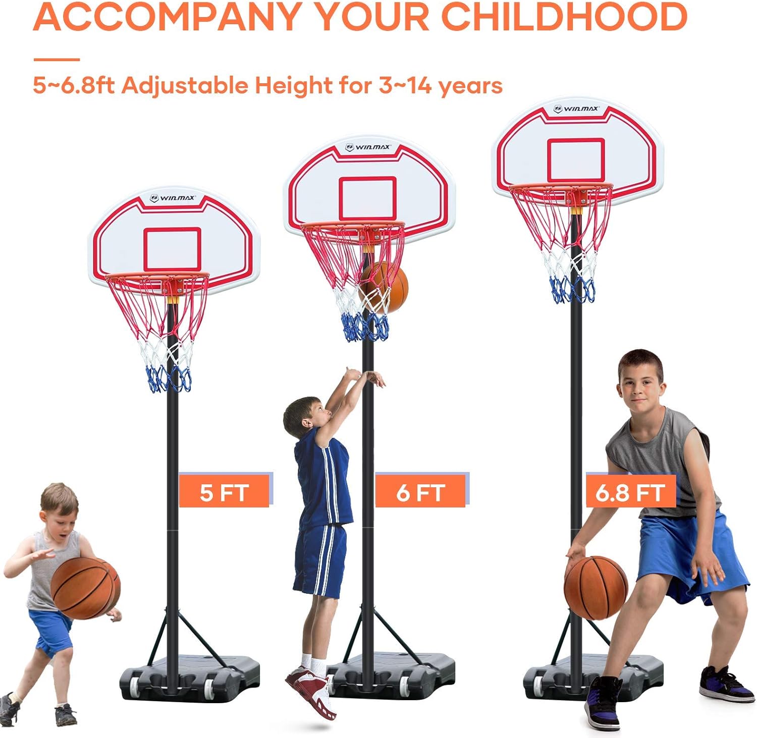 WIN.MAX Portable Basketball Hoop Goal System Kids 5-6.8ft Adjustable18in Rim Indoor Outdoor Youth Teens : Sports & Outdoors
