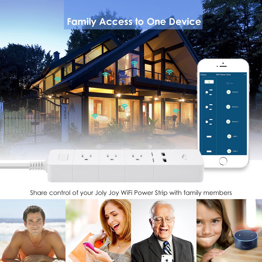 WiFi Smart Power Strip For Alexa, JolyJoy WiFi Surge Protector For Echo/Dot/Google Home/Mini, Voice Control And App Wireless Remote Control Each Outlet Plug & USB Port, 125V, 15A, 1875W (White)