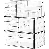 Yieach 3 Pack Clear Makeup Organizer Countertop for Dresser,Vanity and Bathroom Counter Organizer,Tiered Stackable Makeup Acrylic Organizers with 9 Drawer for Skincare,Brush and Make up Holders
