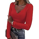 Roselux Women V Neck Ribbed Long Sleeve Shirt Fitted Basic Slim Knit Top