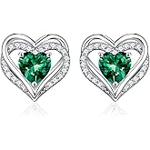Iefil Birthstone Earrings for Women - 925 Sterling Silver Heart Stud Earrings Birthday Gifts for Women