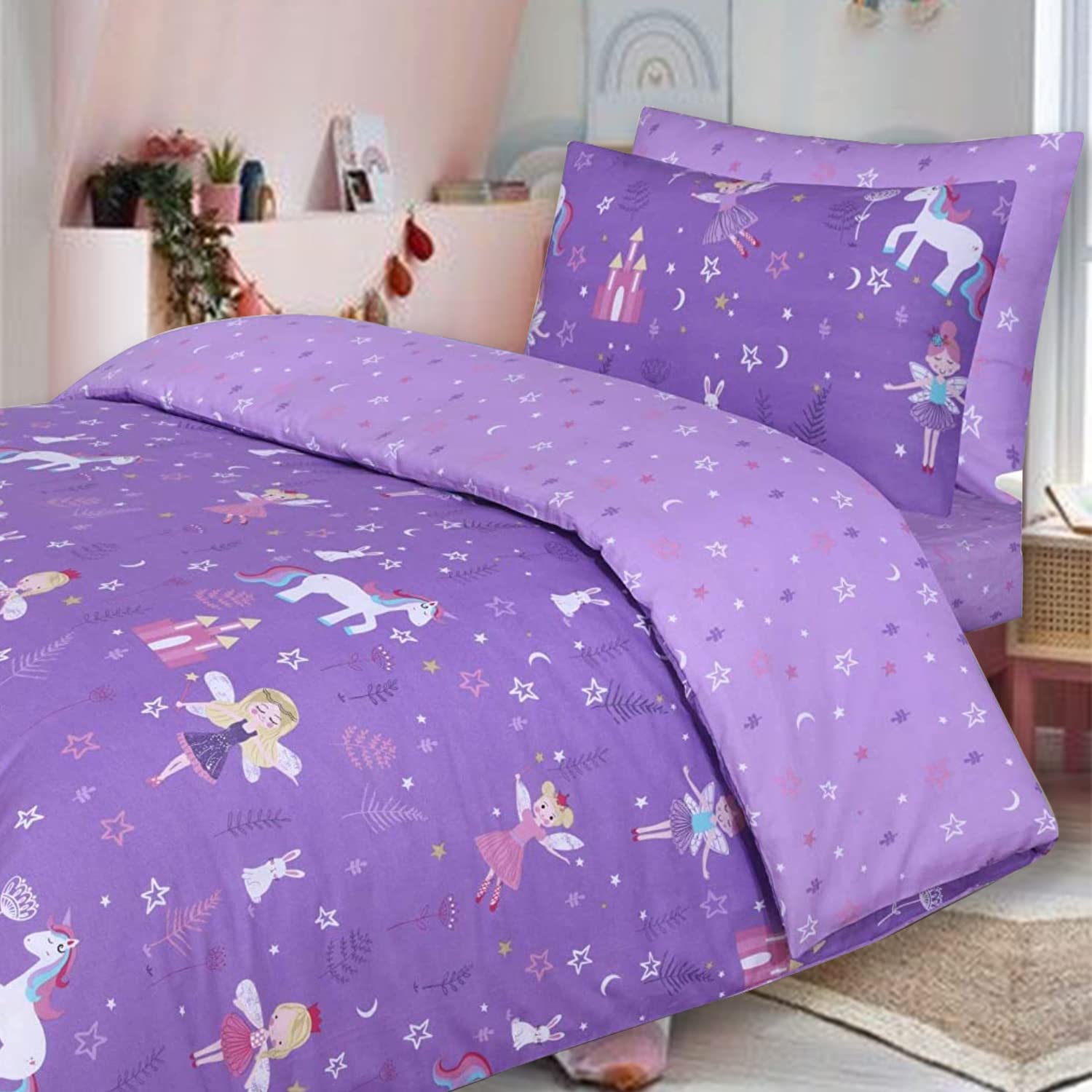 Indus Textiles Kids Duvet Cover Sets 100% Cotton Reversible Single Duvet Cover Fitted Sheet Pillowcase - Unicorn Purple