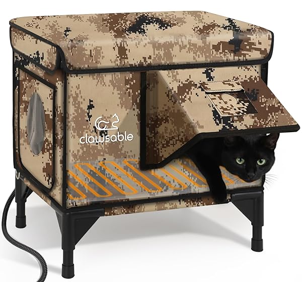 STURDY OUTDOOR HEATED CAT HOUSE FOR WINTER, INSULATED HEATED CAT HOUSE FOR OUTSIDE WITH TWO DOOR, FERAL CAT SHELTER WITH WATERPROOF AWNING, OUTDOOR CAT HOUSE BARN STRAY KITTY