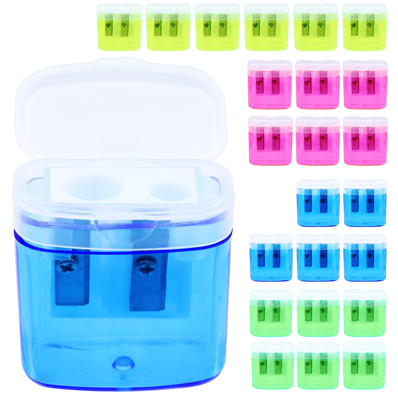 24 PCS Manual Pencil Sharpeners,Small Hand Held Pencil Sharpeners Bulk with Dual Hole(8mm,11mm) & Container & Lid, Kids Student School Home Office and More
