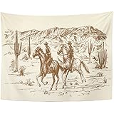 TOMPOPTapestry Ranch Wild West Desert Sketch Western Landscape Home Decor Wall Hanging for Living Room Bedroom Dorm 60x80 Inches