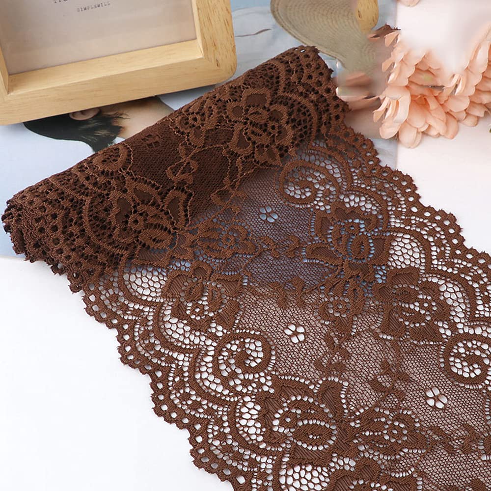 15 cm x 2 m Elastic Lace Ribbon, Lace Border, Decorative Ribbon, Lace Borders for Sewing, DIY Crafts, Decoration for Clothing, Underwear, Lingerie, Wedding Dress, Table Decoration, Brown
