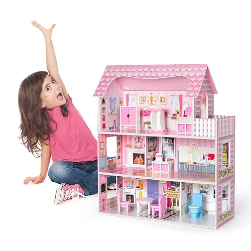 ROBUD Wooden Dollhouse with Furniture, Pretend Play Doll House
