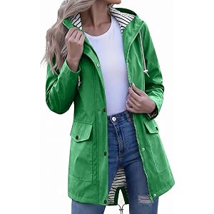 FPMLUXLL Womens Rain Jacket Waterproof Windproof Hooded Rain Coat Lightweight Striped Lined Windbreaker Jacket with Pockets
