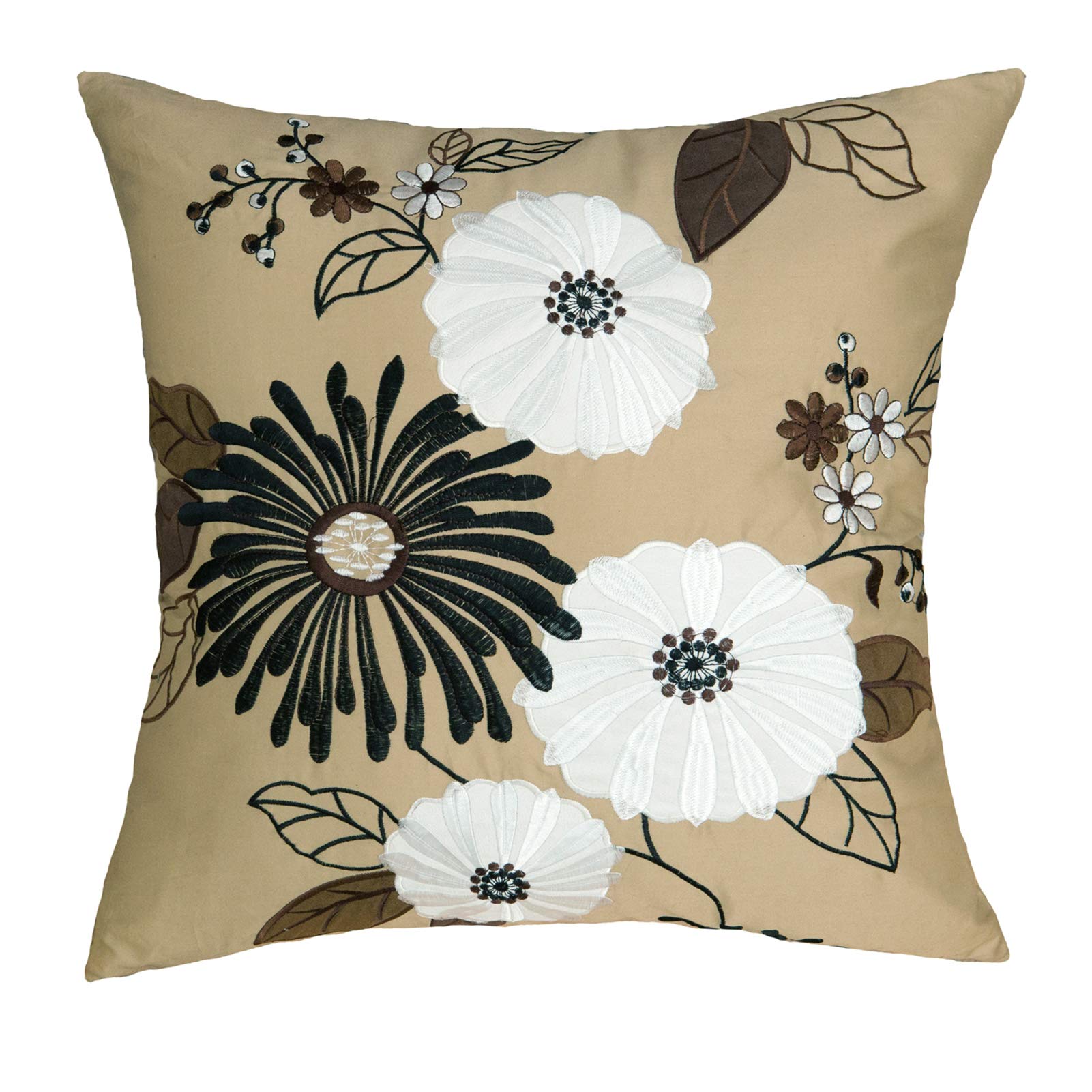 Floral Cushion Cover Decorative Couch Pillowcase 45X45cm 1PC Applique Embroidery Cotton Sateen Throw Pillow Shell Black/White/Brown Farm House County Blooming Flowers Fall Festive Garden Florist