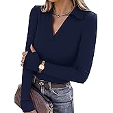 LOMON Womens Pullover Sweaters Y2K Going Out Tops Deep V Neck Polo Shirt Thumb Holes Ribbed Long Sleeve Tops for Women