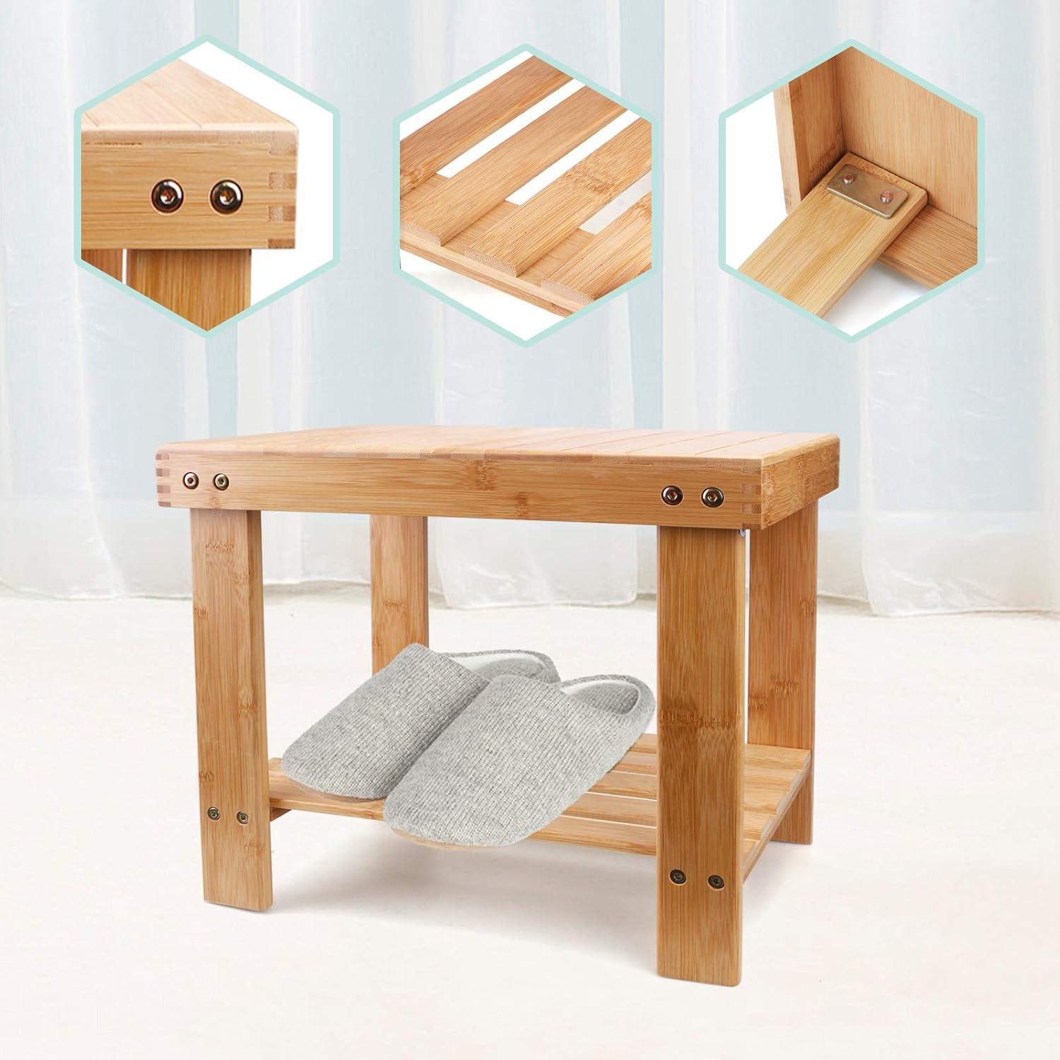 YUHUAWYH Bamboo Shower Bench Little Shower Seat Corner Shower Stool for Shaving Legs Small Shoe Bench Foot Rest Step Stool Natural: Kitchen & Dining