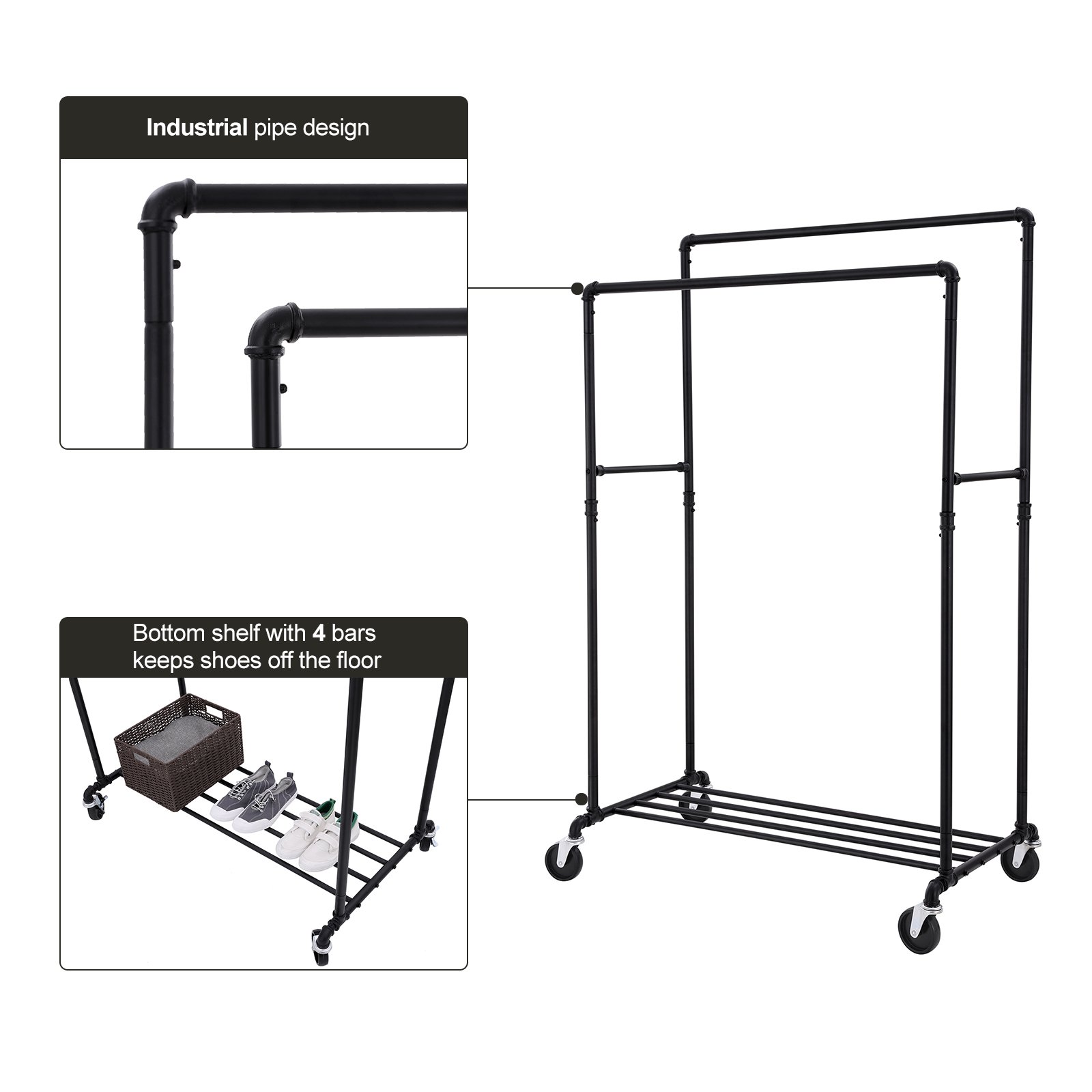 SONGMICS Industrial Pipe Clothes Rack Double Rail on Wheels with Commercial Grade Clothing Hanging Rack Organizer for Garment Storage Display, Black UHSR60B