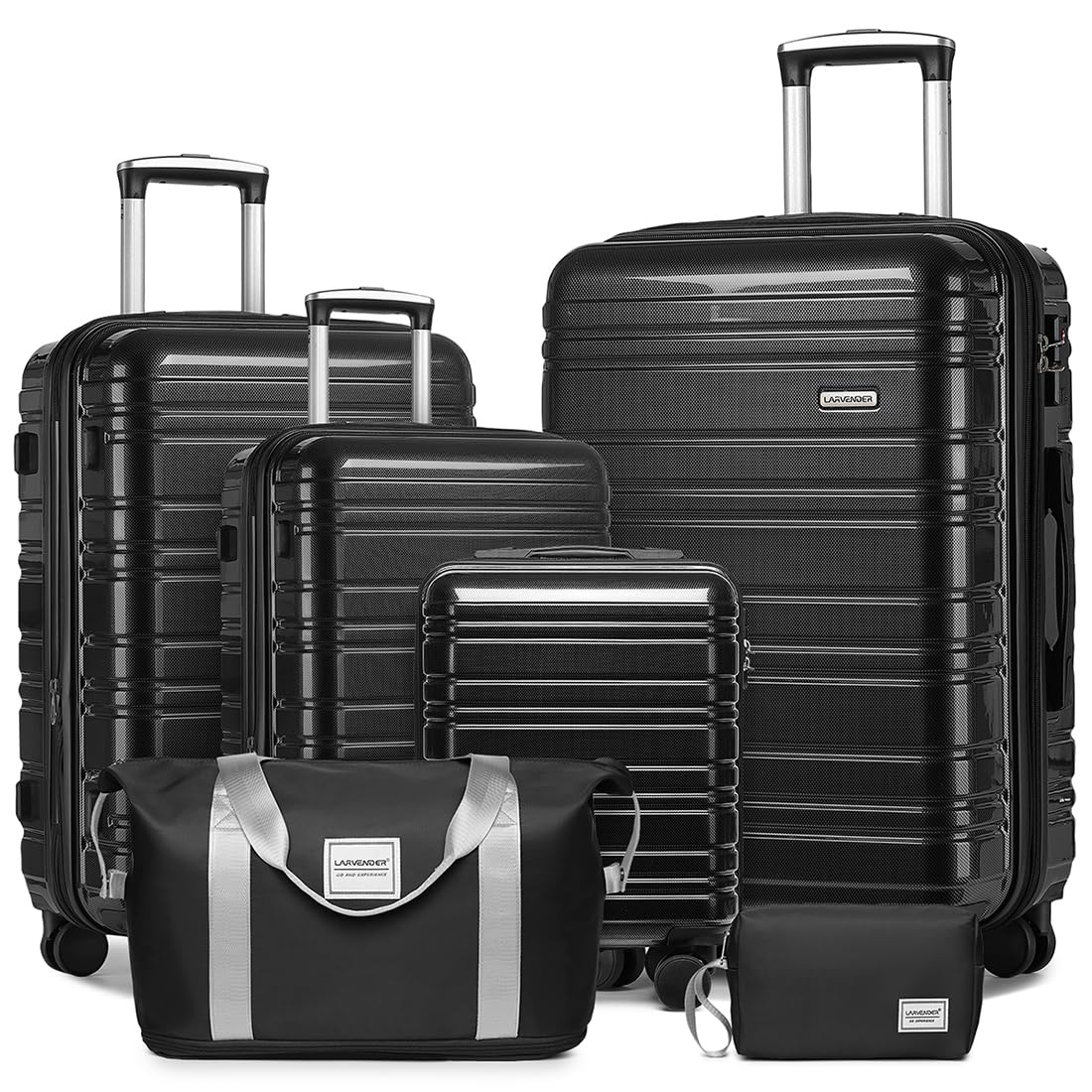 LARVENDER Luggage Sets 6 Piece Hardside Expandable Suitcase with Wheels TSA Lock, PC+ABS Hardshell Lightweight Travel Luggage Sets for Women, Glossy Black Image