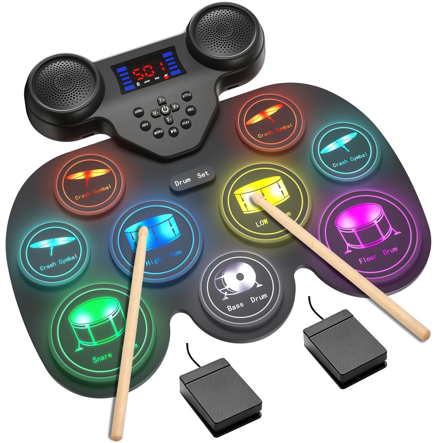 Photo 1 of Electric Drum Set with 7 Colorful LED Light Patterns, Enhanced Rebound Feel Electronic Drum Kit Featuring 9 Pads, Bluetooth MIDI, and Dual Speakers, Family Gift for Kids and Adult Beginners