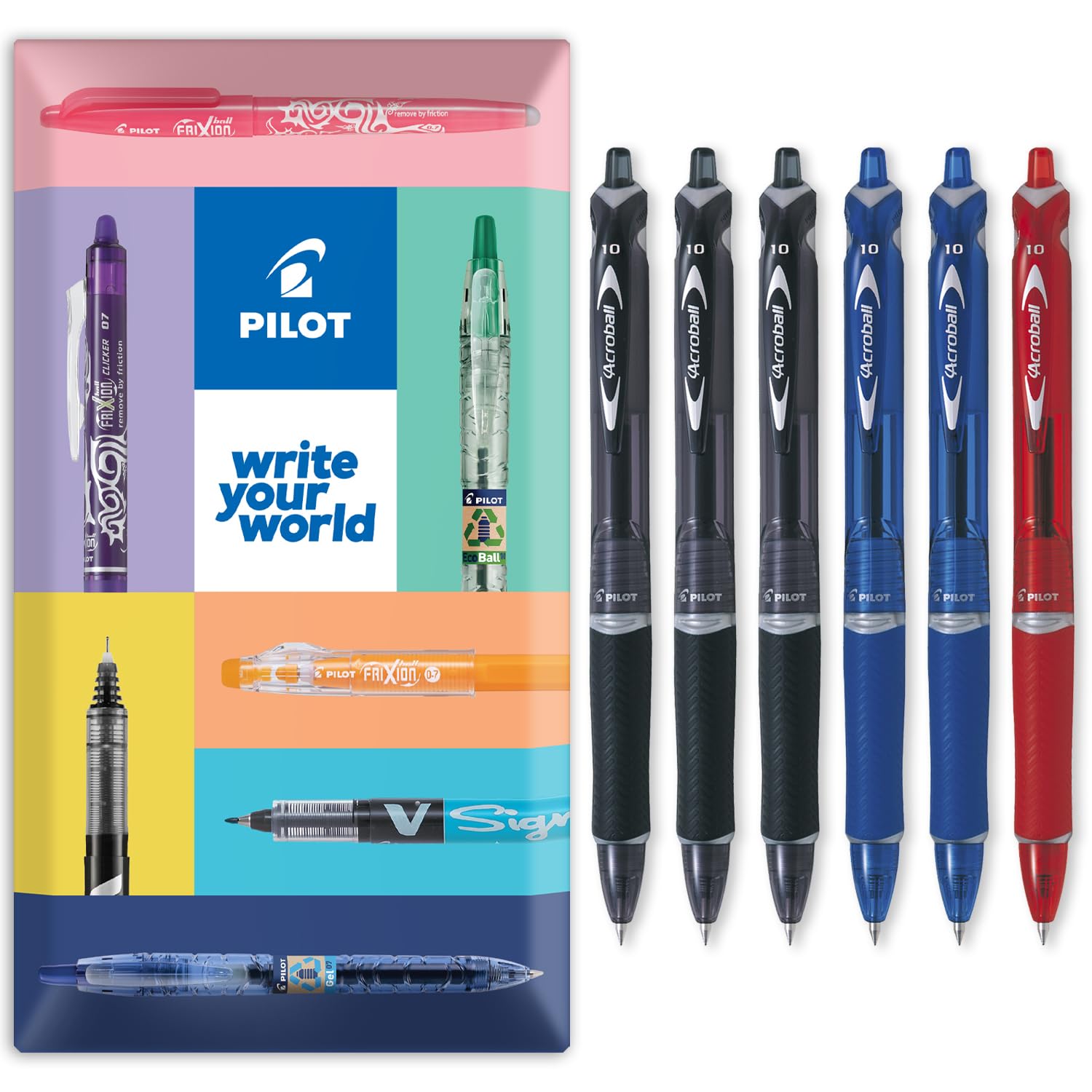 PILOT Acroball Retractable Ballpoint Pen - Begreen Range 79% Recycled - Pack of 6 Pens - Medium 1.0mm Nib - In Envelope Gift Packaging - Ideal for Writing, School, Home, Office. (Mixed)