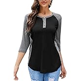 HOCOSIT Womens Raglan 3/4 Sleeve Tops Round Neck Color Block Henley Shirts Ladies Basic Button Blouse