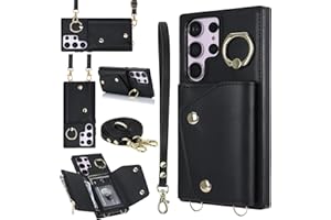 UEEBAI Crossbody Wallet Case for Samsung Galaxy S24 Ultra 5G, Card Slot Phone Case with Zipper Pocket Kickstand Purse Hand Strap Cover with Removable Crossbody Wrist Strap Flip Case - Black