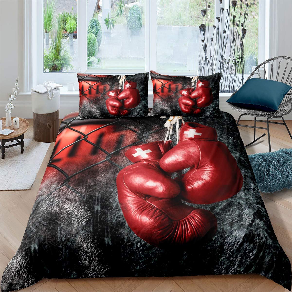Loussiesd Boys Boxing Gloves Print Bedding Set Sports Comforter Cover for Kids Girls Teens Boxing Match Duvet Cover Breathable Cool Red Gray Bedspread Cover Room Decor Quilt Cover Single Size