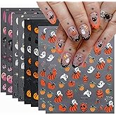 8Sheets Halloween Nail Art Stickers Cute Ghost Pumpkin 3D Self-Adhesive Nail Decals Spider Web Blood Flame Designs Nail Decorations Fall Thanksgiving Nail Supplies for Women DIY Manicure Art