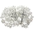 Nazareth Store White Clear Crystal Beads Rosary Prayer Beaded Necklace with Holy Soil Medal and Jesus Cross Communion Rosary