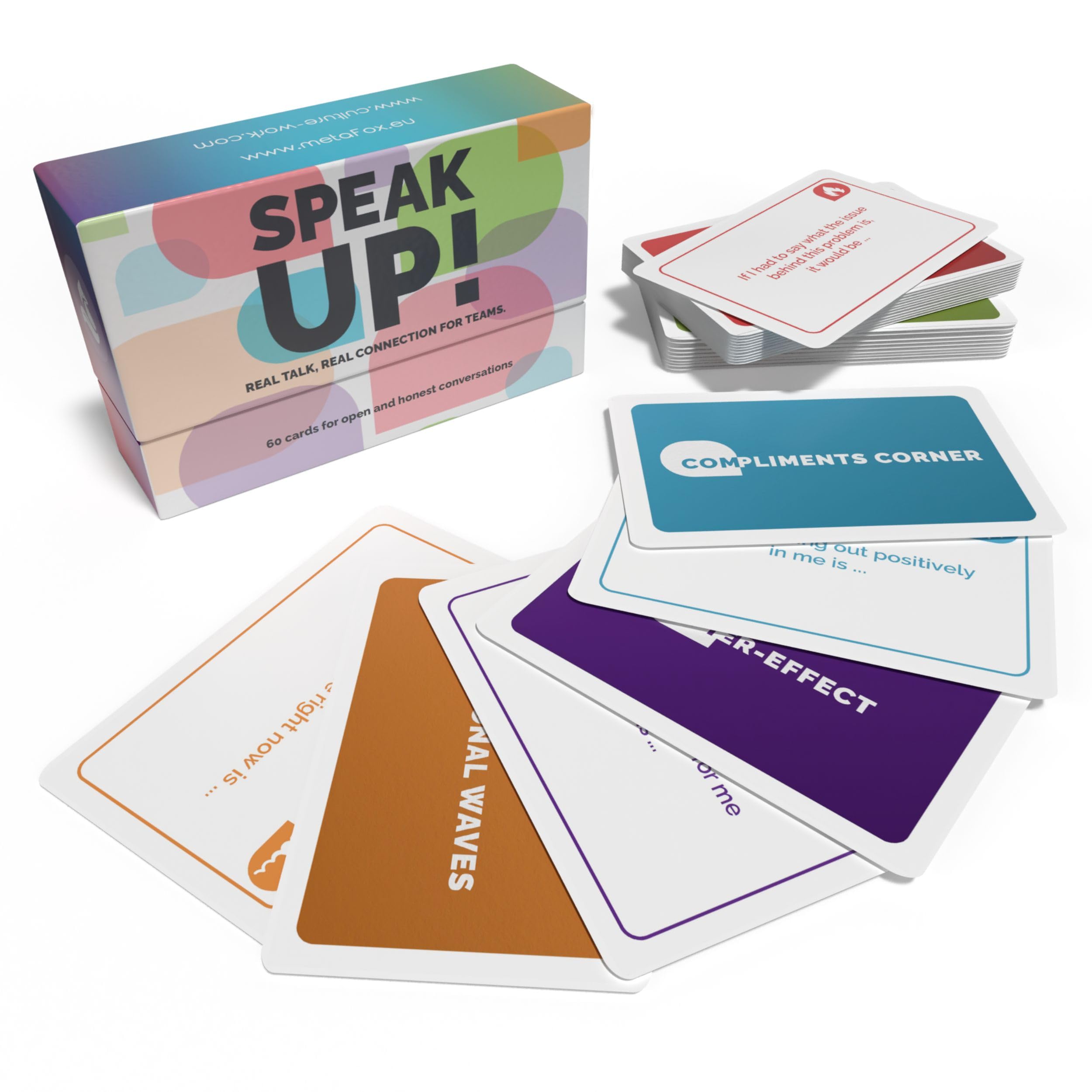 metaFox Speak Up Card Deck for Teams - 60 Motivational and Inspirational Cards, Affirmation and Mindfulness Cards, Coaching Materials for Honest Conversations