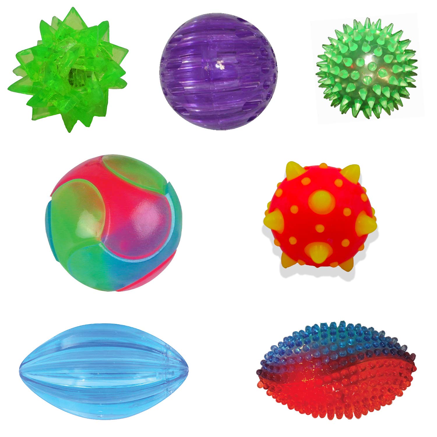 Playlearn 7Pcs Sensory Tactile Flashing Ball for ADHD ADD & High Anxiety Levels-Bouncy Flashing Spiky Ball Autism Sensory Stress Relief Fidget-Sensory Light Up Balls for Party Bag Fillers