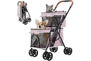 LPOTIUS Double Pet Stroller for Dogs and Cats, One-Hand Folding Dog Stroller Travel Carriage for Small Medium Dogs Cats, 4 Wheels, Pink