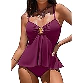 Aleumdr Women's Tankini Bathing Suits Bandeau 2 Piece Swimsuits Shell Swim Tank Top with High Waisted Bottom