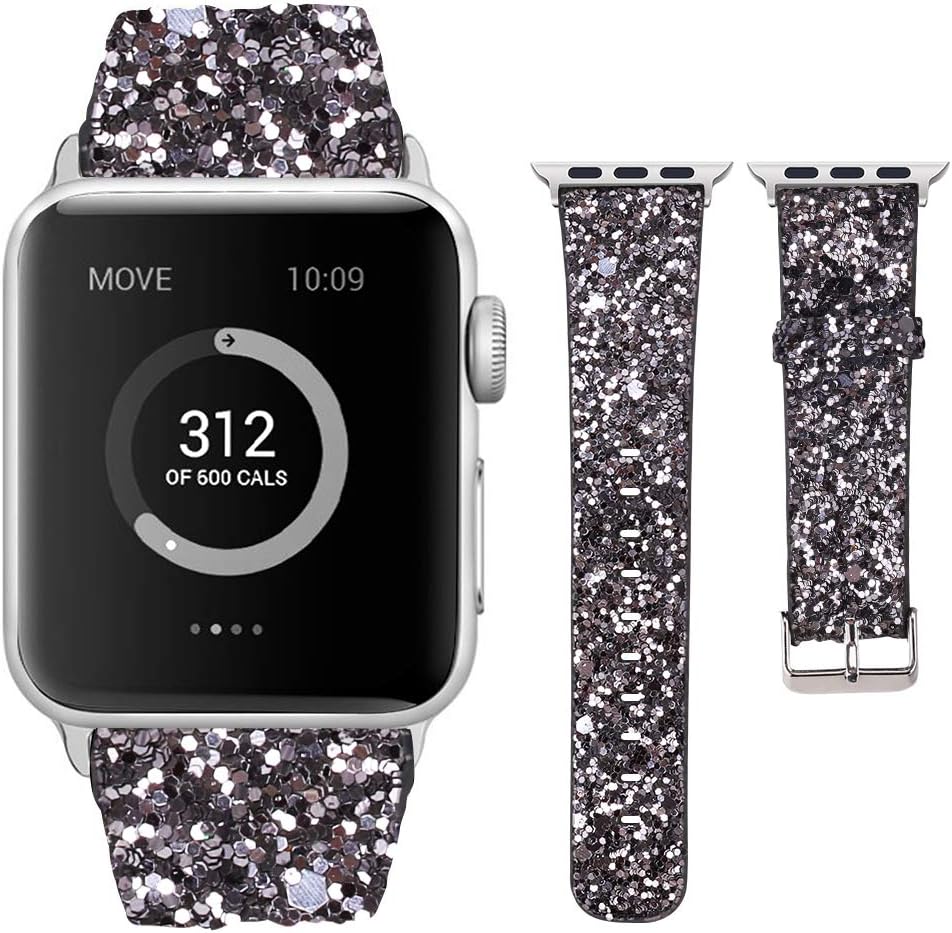 Glitter Watch Band Compatible with Apple Watch bands 38mm 40mm 42mm 44mm, Women Bling Leather Colorful Wristband Shining Strap Replacement for Apple iWatch Series 6 5 4 3 2 1 SE and Sport