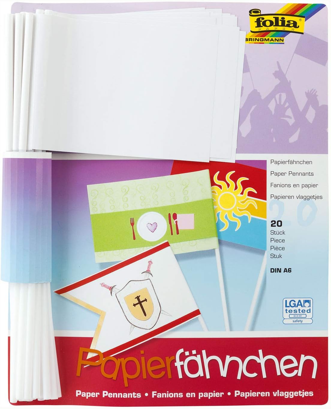 Folia 2371 DIN A6 Mini Paper Flags Rod Length 30 cm, Pack of 20, White, Small