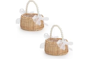 DULRLLY Wicker Rattan Flower Girl Basket Set of 2 Rustic Wedding Flower Girl Basket with Pearl Handle Small Flower Basket for Flower Girl Fairy Wedding Basket Handwoven Easter Baskets for Boys Girls Wedding