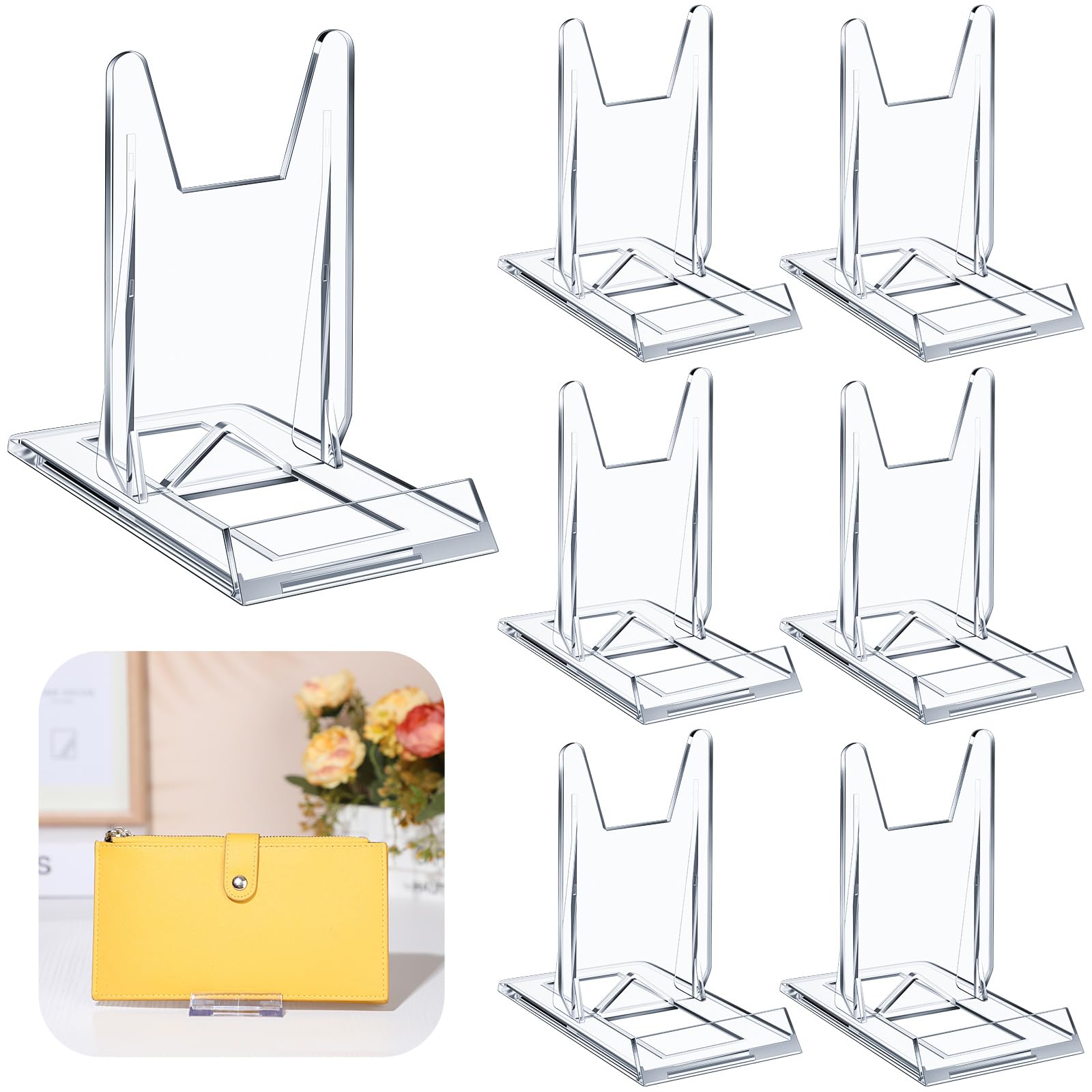 Photo 1 of Memorywuu 6 Packs Adjustable Purse Display Stand Clear Acrylic Handbag Stand Holder for Wallet Purses Handbag Bag Jewelry Display Organizer for Party Weddings Home Decoration Birthdays