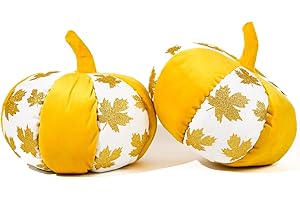 QIONG MENG 2 Pieces Pumpkin Pillow Glitter Maple Leaves Yellow Pumpkin Shaped Pillow 11.8 Inch Fall Harvest Throw Pillows 3D Shaped Cushion Holiday Decorations for Home Bedroom Sofa