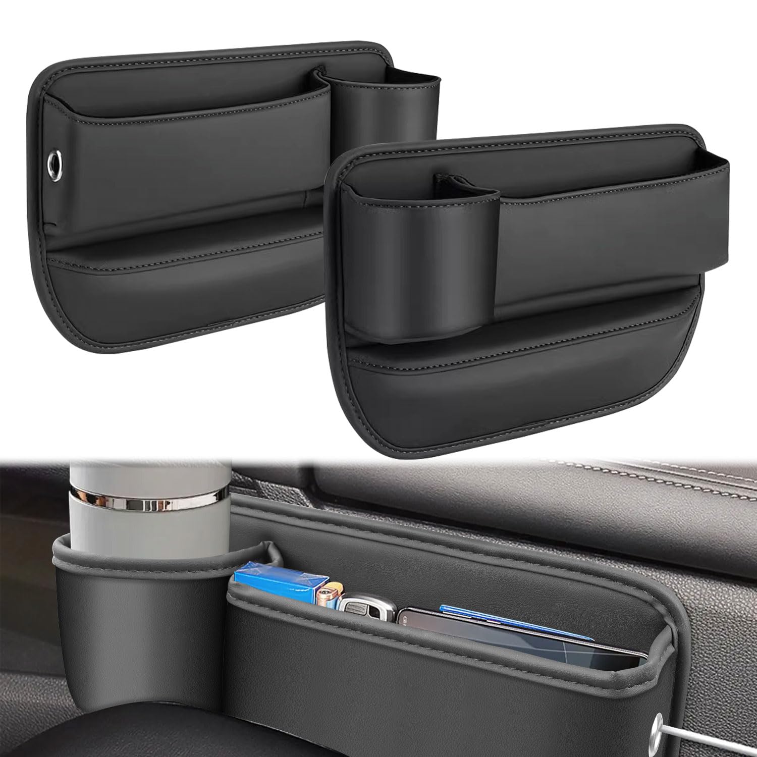 Photo 1 of JINRUITOP Car Seat Gap Filler Organizer with Cup Holder, 2 Pack Adjustable Leather Car Side Seat Storage Box, Multifunction Interior Storage Organizer for Phones Keys Sunglasses Cards, Black