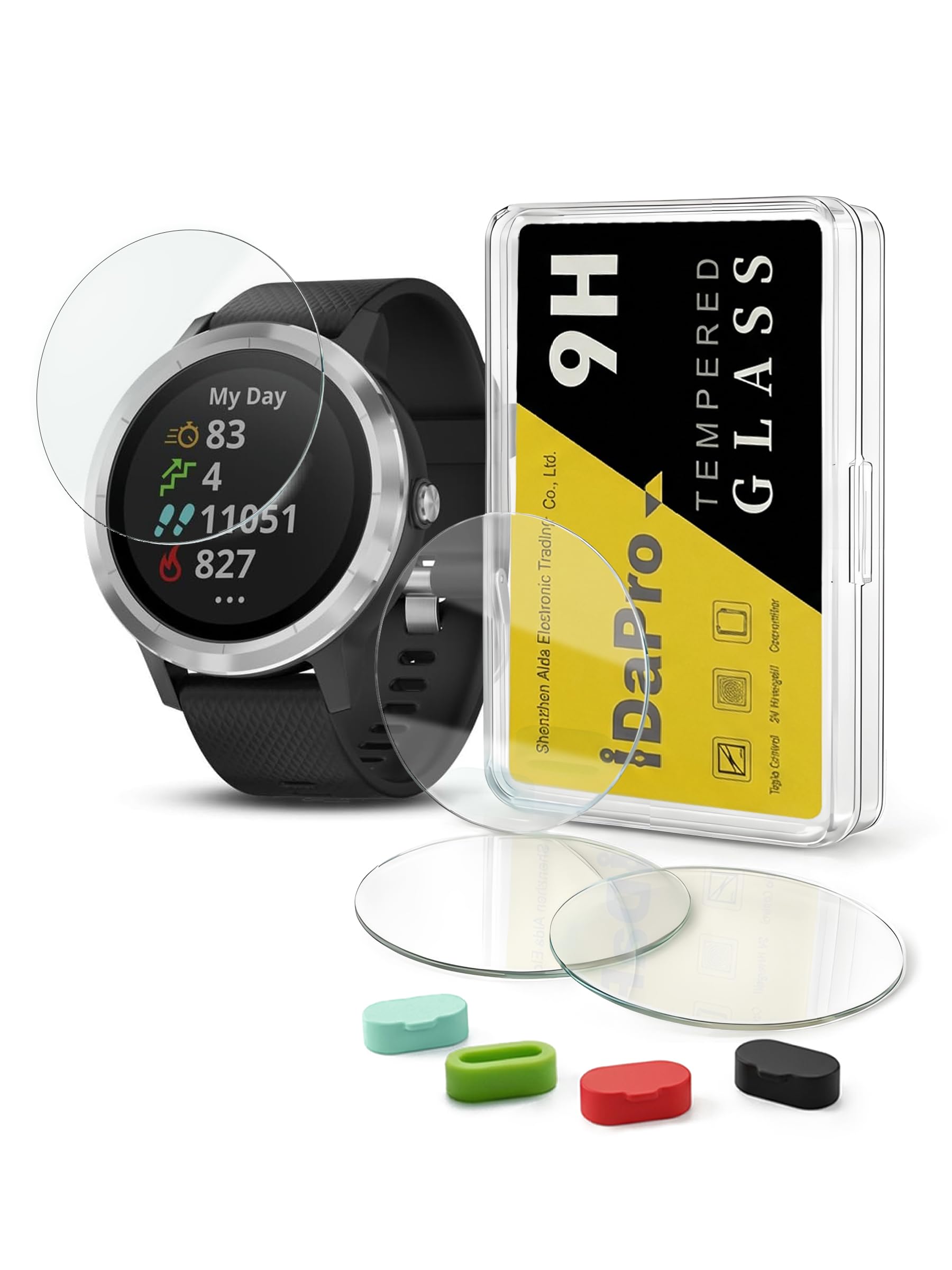 iDaPro [4 Pack] Screen Protector for Garmin Vivoactive 3 Watch (Not for Vivoactive 3 Music) + Silicone Anti-dust Plugs Tempered Glass Anti-Scratch Bubble-Free Easy Installation