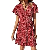 Naggoo Women's Summer Wrap Dresses V Neck Polka Dot Print Ruffle Short Sleeve Mini Floral Boho Dress with Belt