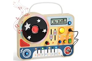 TOP BRIGHT Montessori Busy Board for 3 Years Old, Sensory Toys for Toddlers, Wooden DJ Busy Board with LED Light, Kids Travel