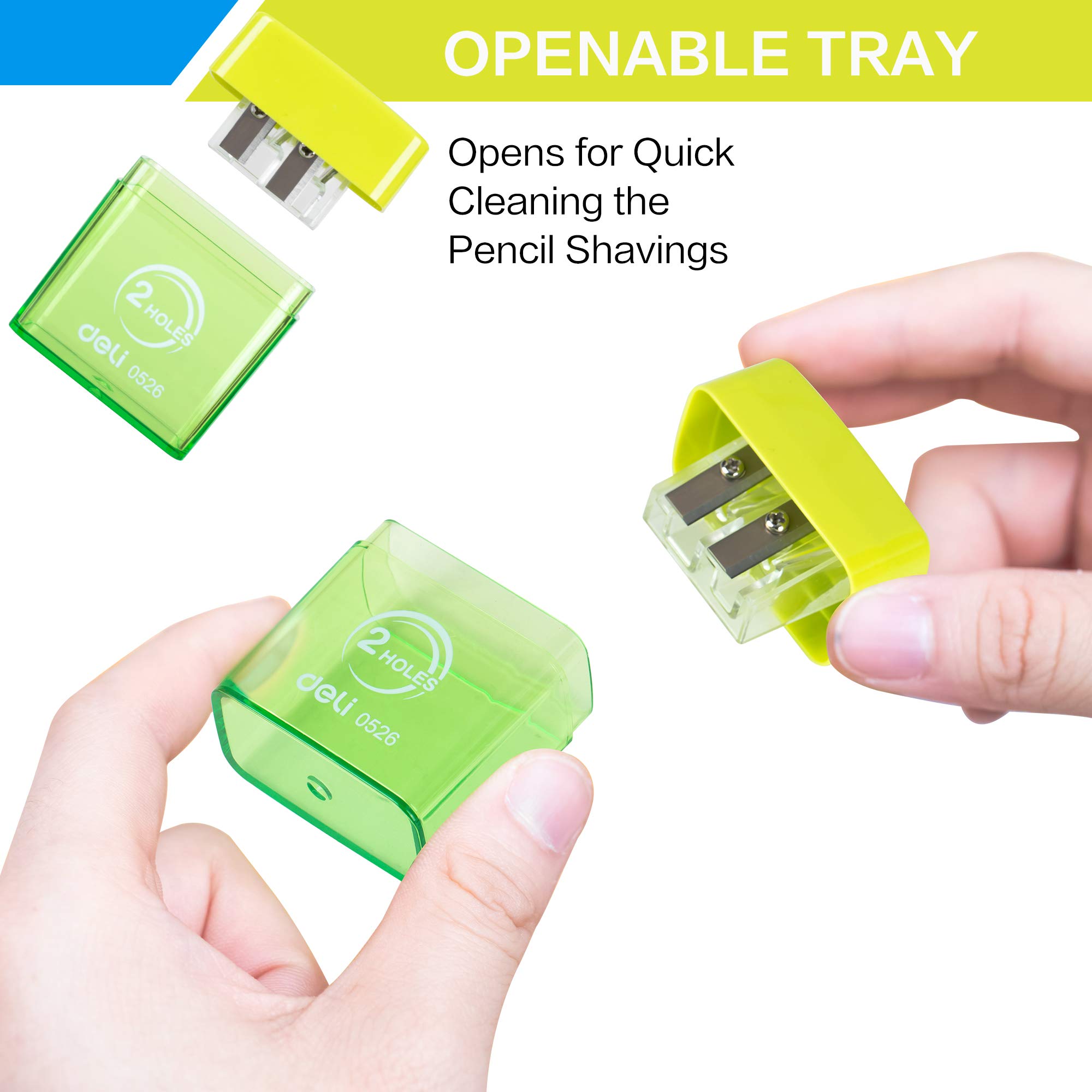 deli Manual Dual Holes Pencil Sharpeners with Lid, Colored, for Kids & Adults, Random Color