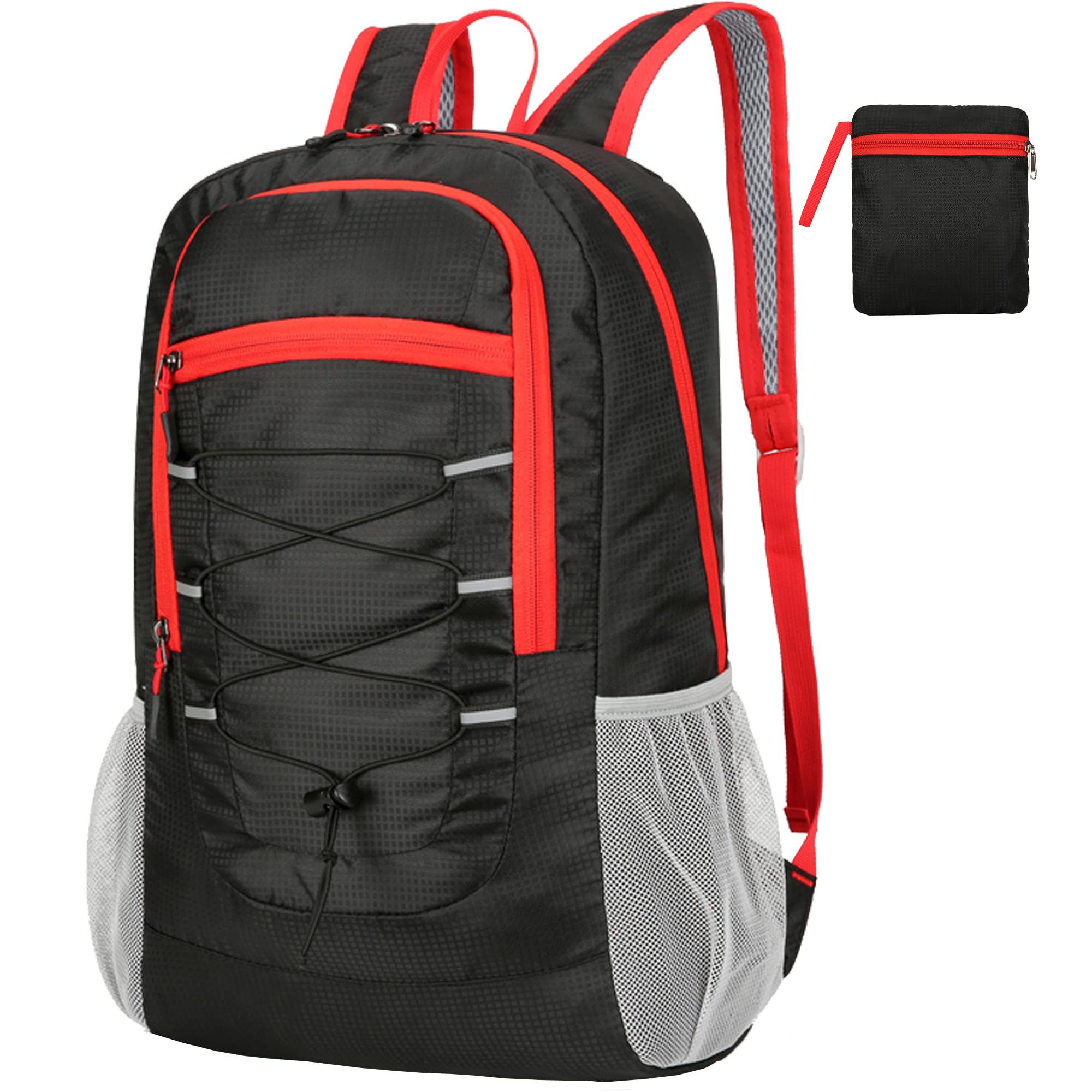 Alitifiy Lightweight Foldable Backpacks, 30L Packable Waterproof Small Hiking Bags & Packs Knapsack Daypack Handy for Men Women Ladies Kids Travel Camping Outdoor Rucksack Bag Pack (Black Red-2)