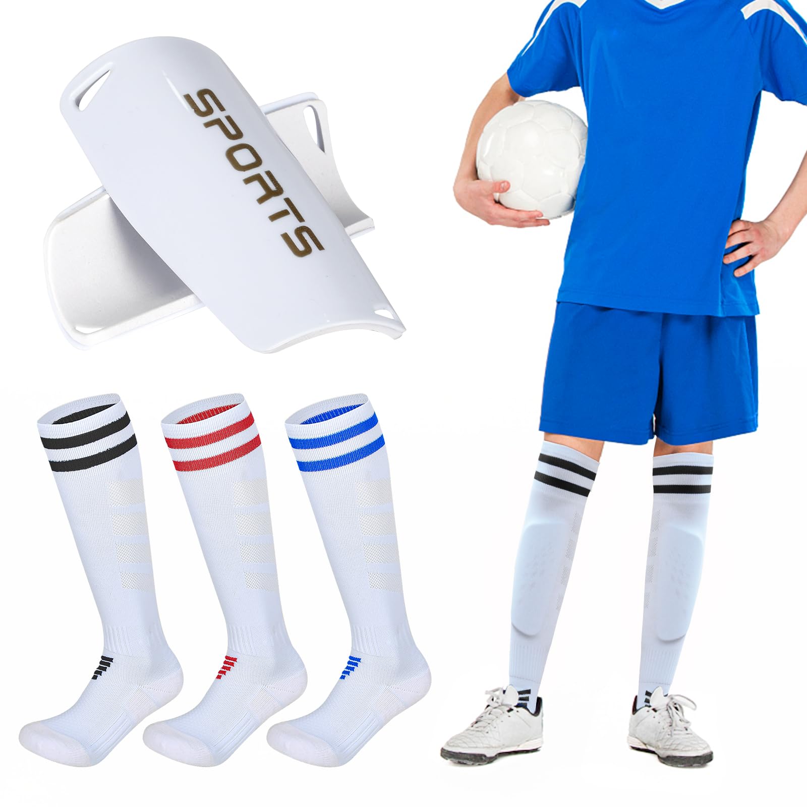 Photo 1 of Shin Guards Soccer Youth, Soccer Socks Kids Boys Girls Football Calf Shin Pads, Knee High Sport Long Sock, Ages for 3-20+ Years Old (White : 3 Pairs Socks + 1 Pair Shin Guard, XS)