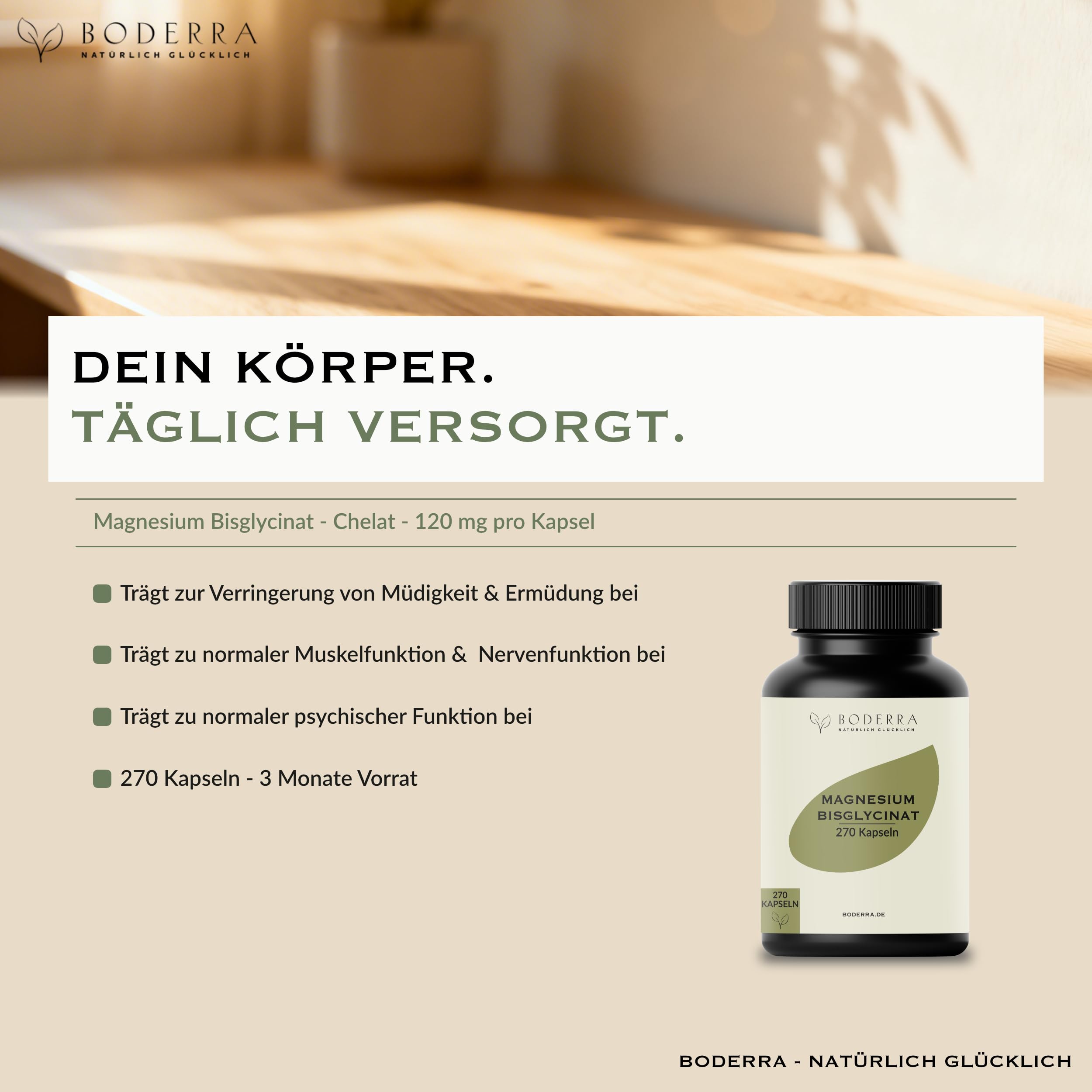 270 Kapseln Magnesium Bisglycinat – Hochdosiert mit 360mg elementarem Magnesium glycinat pro Tagesdosis – 3 Monate Vorrat – Vegan & Laborgeprüft in Deutschland – reines Chelat ohne Zusätze – Boderra 2