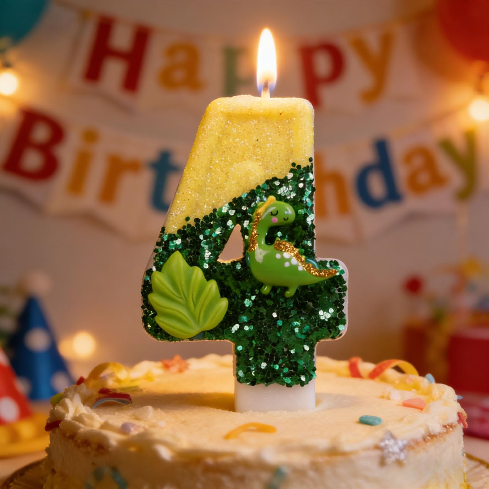 Dinosaur Birthday Candles - Glitter Gradient 4 Number Candles with Smokeless Long Burning, Safe Kids Party Decoration (Green)