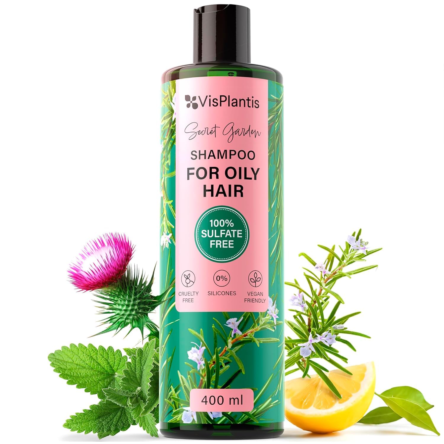 Vis Plantis Rosemary Shampoo for Greasy Hair - 400 ml Natural for Oily Hair, Scalp and Roots - Gives Softness & Shine - Sulphate Free Clarifying With Milk Thistle & Lemon Balm Extract