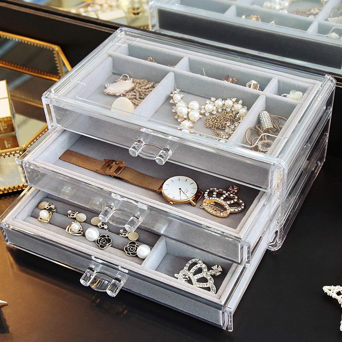 Acrylic Jewelry Box 3 Drawers, Velvet Jewellery Organizer, Earring Rings Necklaces Bracelets Display Case Gift for Women, Girls: Home Improvement