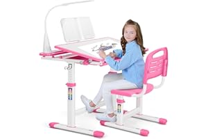 Artist hand Kids Study Table and Chair Set,Adjustable Girls School Writing Study Table,with Large Writing Board LED Pull Out Drawer Pencil Case Bookstand,Pink