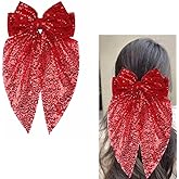 Red Glitter Sequin Hair Bow Clips for Women Girls Big Hair Bows Barrettes Ribbon 8 inch Bow Hair Clip Sparkly Hair Ribbons Bowknot Hair Clips for Women Festival Hair Accessories